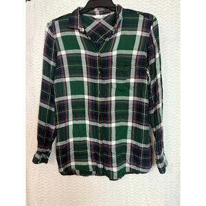 Old Navy the classic shirt Button up green pink plaid Size L